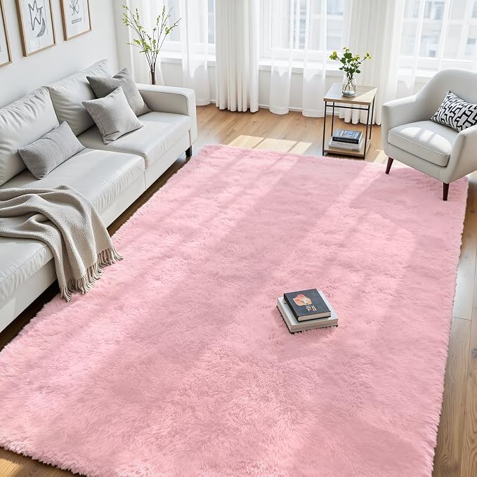 8x10 Area Rug for Living Room, Ultra Soft Fluffy Pink Rugs for Bedroom, Non Slip Large Shag Carpet, Fuzzy Plush Nursery Rug, Thick Washable Indoor Floor Carpets for Kids Office Dorm Home Decor