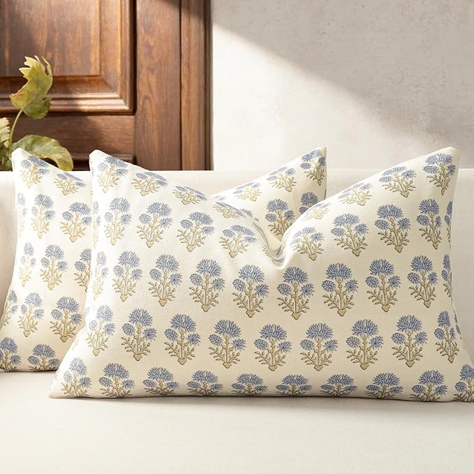 Farmhouse Floral Pillow Covers 12x20 Set of 2, Country Botanical Throw Pillow Cover for Sofa Couch Bed Living Room, Rustic Vintage Flower Cushion Covers Cottage Home Décor,Blue Mustard
