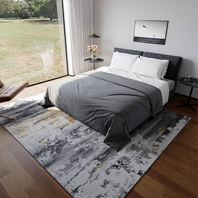 Kelarea Washable Area Rug for Living Room, 8x10 Non Slip Modern Abstract Grey Rugs, Easy Clearning Low Pile Large Carpet for Bedroom, Dining Room, Nursery, Office