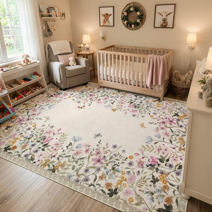 Wonnitar 8x10 Washable Area Rug, Beige Floral Rug for Living Room, Boho Large Non Slip Bedroom Carpet, Low Pile Soft Nursery Rug, Farmhouse Dining Room Decor (8x10 Beige)