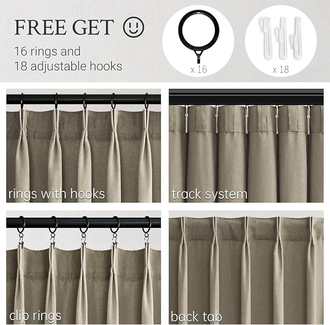 Topfinel 72 Inches Long Pinch Pleated Semi Sheer Curtains,Grey Beige Linen Blended Light Filtering Window Curtains 72 Length 2 Panels for Living Room Bedroom Pinch Pleat Drapes with Hooks,40" Wx72 L