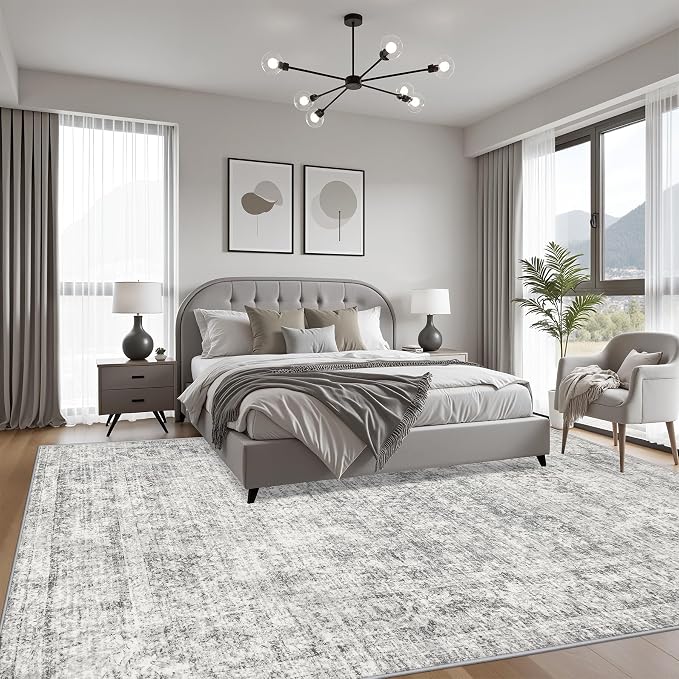 10x12 Area Rug Living Room Rug: Washable Modern Abstract Soft Thin Rug Indoor Floor No Slip Carpet for Bedroom Dining Room Farmhouse Nursery Home Office - Retro Black Grey
