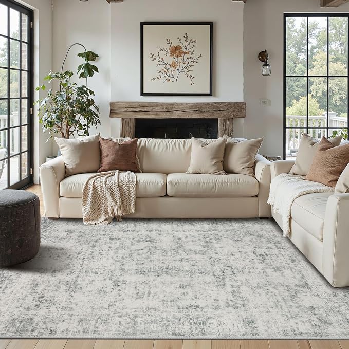 Rugxara 4x6 Area Rug for Living Room Bedroom Washable Rug, Grey | Non Slip, Throw Rug for Entryway Dining Room Office Kids Room, Stain Resistant, Soft, Low Pile, Vintage Boho Retro Carpet