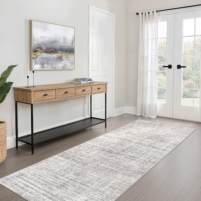Runner Rug Non-Slip Kitchen Rug: 3x8 Washable Abstract Modern Soft Stain Resistant Indoor Floor Neutral Accent Throw Carpet for Hallway Bathroom Laundry Room Bedroom Entryway- Brown Gray