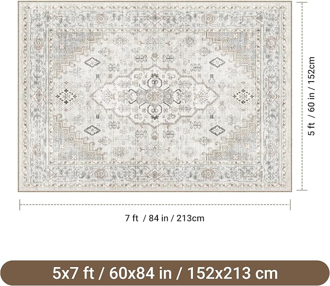 befbee 5x7 Area Rugs for Living Rooms, Stain Resistant Neutral Washable Rugs for Dining Rooms, Floral Vintage Non-Slip Thin Large Size Area Rug(Light Grey)