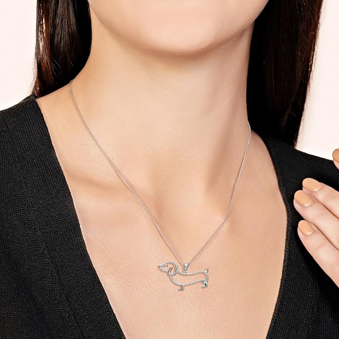 Jewelili Sterling Silver Dachsund Dog Pendant Necklace | Natural White Round Diamonds | 18" Rolo Chain | Gift Box Included | Timeless Fashion Jewelry