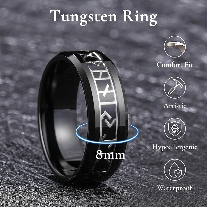 King Will Tungsten Carbide Wedding Band for Men - 8mm Black/Silver/Gold Plated with Norse Viking Rune & Hawaii Koa Wood Inlay Mens Ring, Polished Beveled Edge for Daily Wear, Comfort Fit Size 7-14