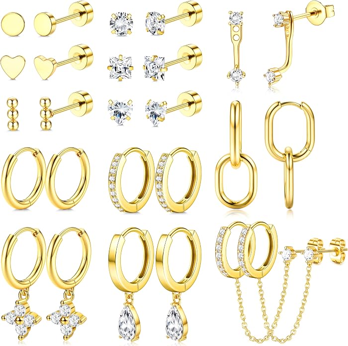 MILACOLATO 13 Pairs Silver Earrings Set for Women - 14K Gold Plated Cartilage Studs Huggie Hoop Earring Stacks for Multiple Piercing Hypoallergenic Surgical Stainless Steel Flat Back Earrings for Sensitive Ears