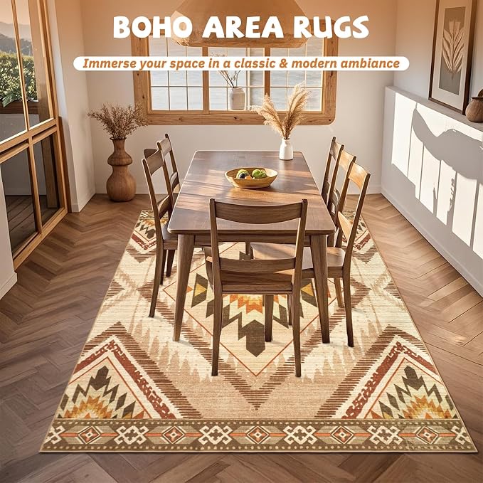 Boho Washable Area Rugs 5x7 Non Slip, Soft Living Room Bedroom Rugs, Non Shedding Moroccan Nursery Floor Carpets for Dining Room Bathroom Office Farmhouse, Light Brown