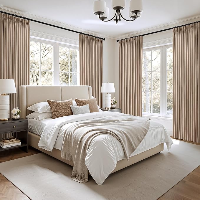 MIULEE Pinch Pleated Thick Linen Curtains 90 Inch 4 Panels Set Back Tab Memory Trained Pinch Pleat Semi Sheer Light Filtering Privacy Curtain Let Light in Window Drapes for Living Room Bedroom Taupe