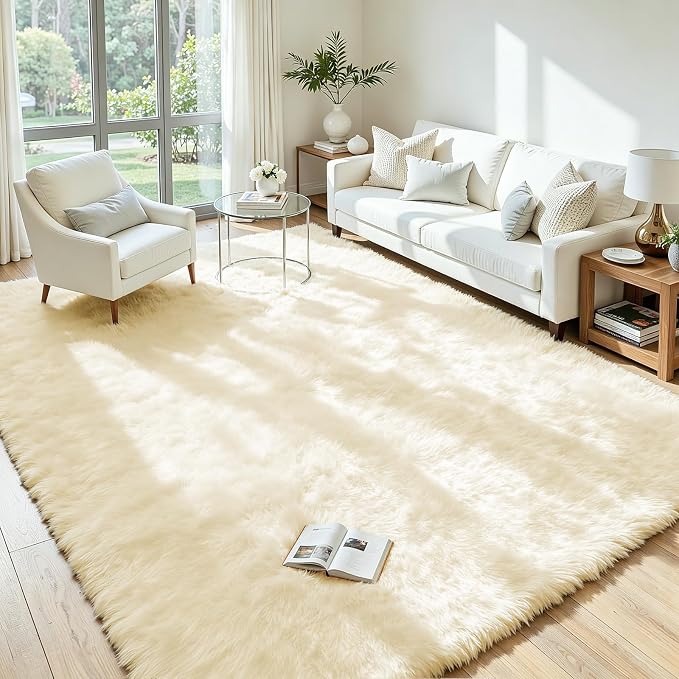 5x7 Area Rug for Living Room, Ultra Soft Fluffy Cream White Rugs for Bedroom, Non Slip Large Shag Carpet, Fuzzy Plush Nursery Rug, Thick Washable Indoor Floor Carpets for Kids Office Dorm Home Decor