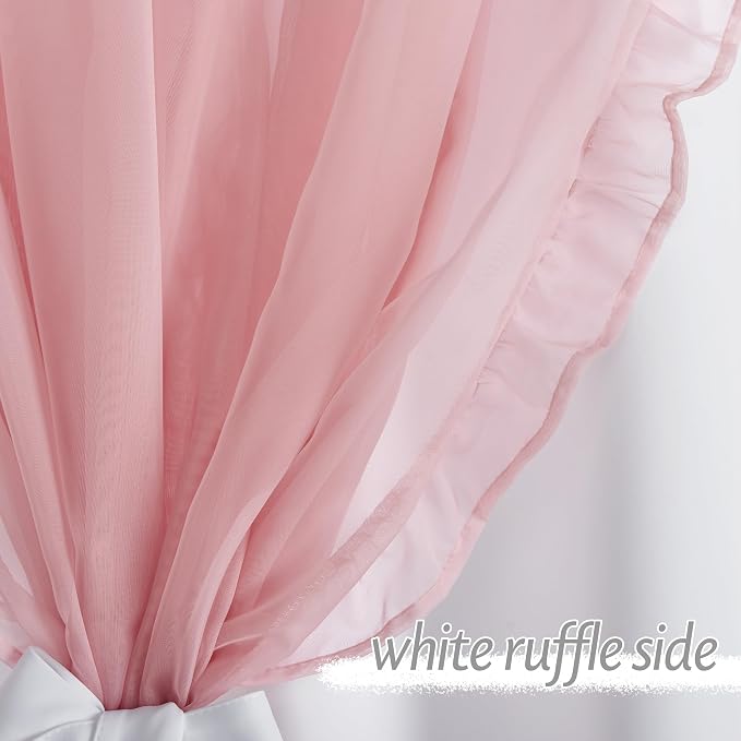 PONY DANCE Shabby Chic Curtains for Bedroom Double Layer Ruffle Sheer Overlay with Tiebacks French Country Drapes for Room Decor, 52" W x 84" L, White-Pink, 2 Pieces
