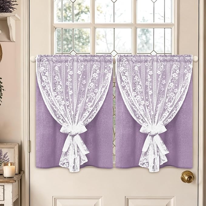 ASPMIZ Linen Kitchen Curtains Double Layer Kitchen Window Curtains Over Sink 36 Inch Length Purple Tier Curtain Light Filtering, Rod Pocket Cafe Curtain Short Window Treatments with 2 Tiebacks, 26x36