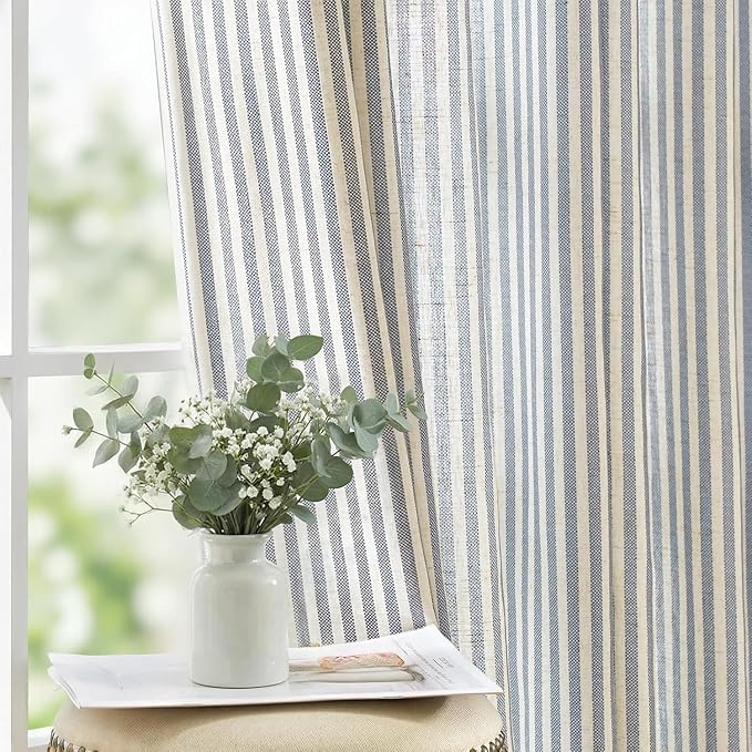 jinchan Linen Curtains 84 Inch Blue Stripe on Beige Back Tab 4 Panels | Curtains For Living Room Bedroom,Ticking Stripe Pattern, Farmhouse Cottage Core Rustic,Window Treatment,Light Filtering