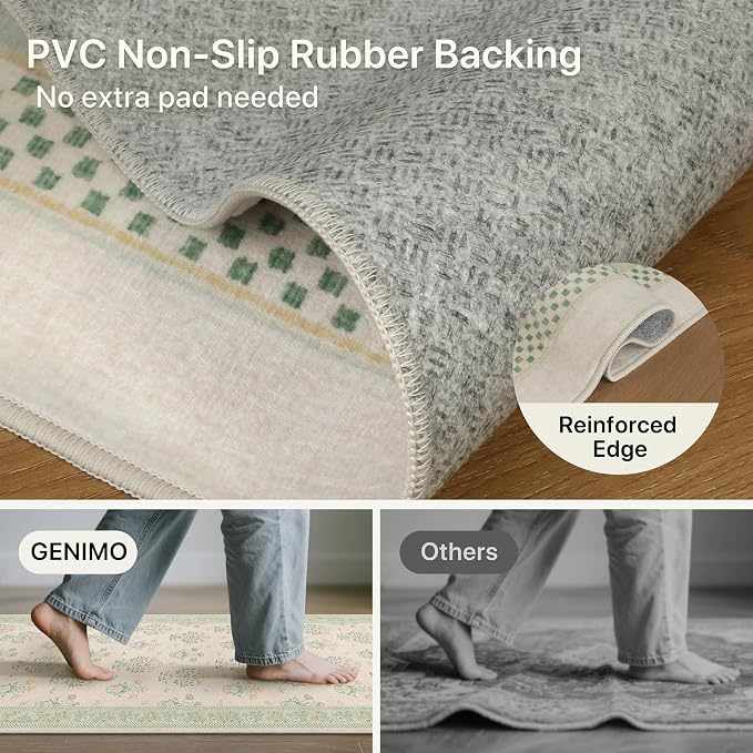 GENIMO 4x6 Vintage Floral Area Rug, Soft Microfiber Washable Rug with Non-Slip Backing, Green Carpet for Living Room, Bedroom and Dining Room