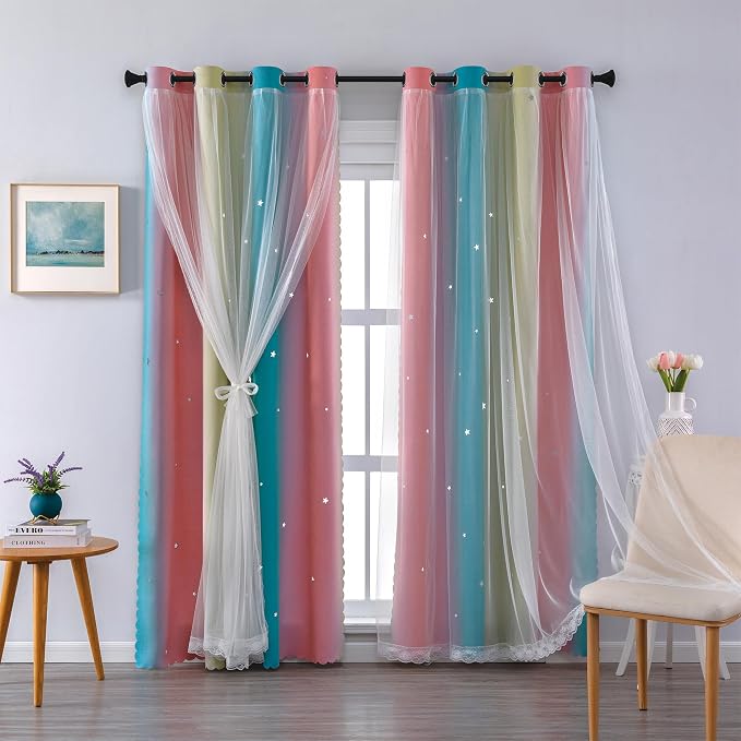 XiDi Girls Curtains for Bedroom 90 Inches Long 2 Panels Pink Blue Yellow Rainbow Blackout Curtains for Little Girl Kids Room Decor Living Room, Princess Unicorn Wall Decals Drapes 52x90