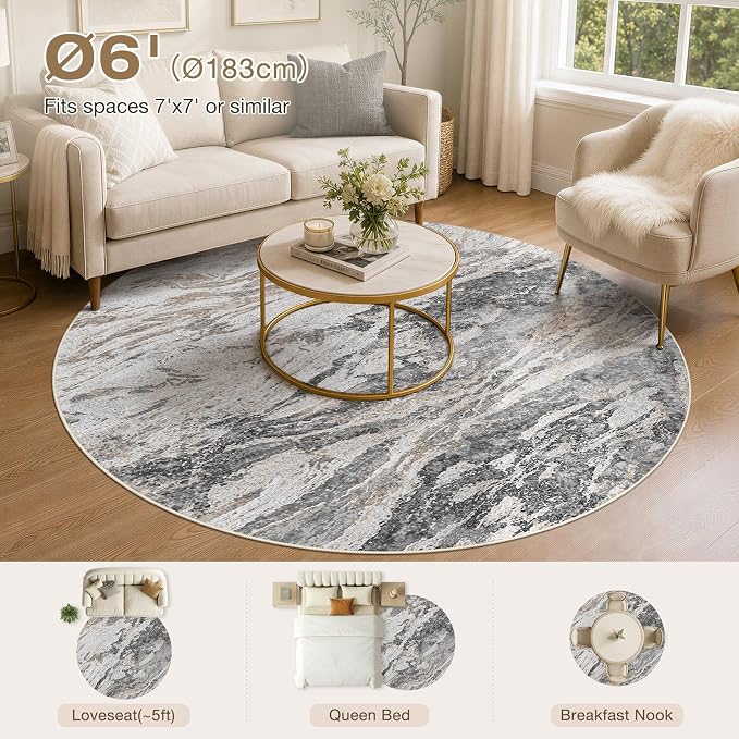 Area Rugs for Living Room: 6ft Round Abstract Washable Rug Modern Neutral Large Soft Stain Resistant Non-Slip for Bedroom Dining Room Indoor Home Office Carpet - Tapue