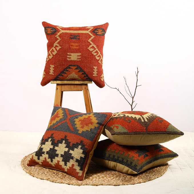 Trade Star 70% Jute 30% Wool Pillow Cover Throw Pillow Cover Ethnic Rug Pillow Covers Authentic Decorative Thick Cushion Case Kilim Cushion Cover Set of 4 Decorative Handwoven Pillowcase (Kilim 4)