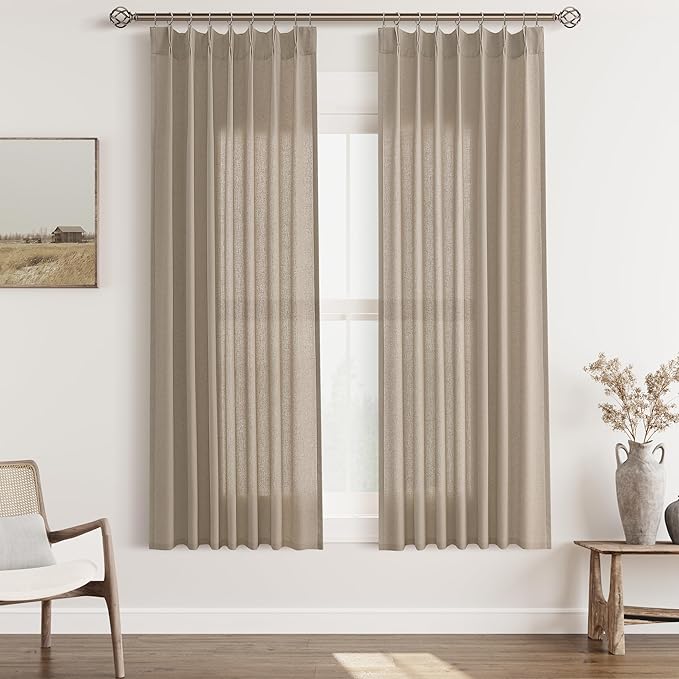 Aersas Light Taupe Pinch Pleat Linen Curtains 63 Inch Length 2 Panels Set for Bedroom Dinging Room Semi Sheer Boho Farmhouse Neutral Window Curtains 63 Inches Long for Living Room Nursery 40x63
