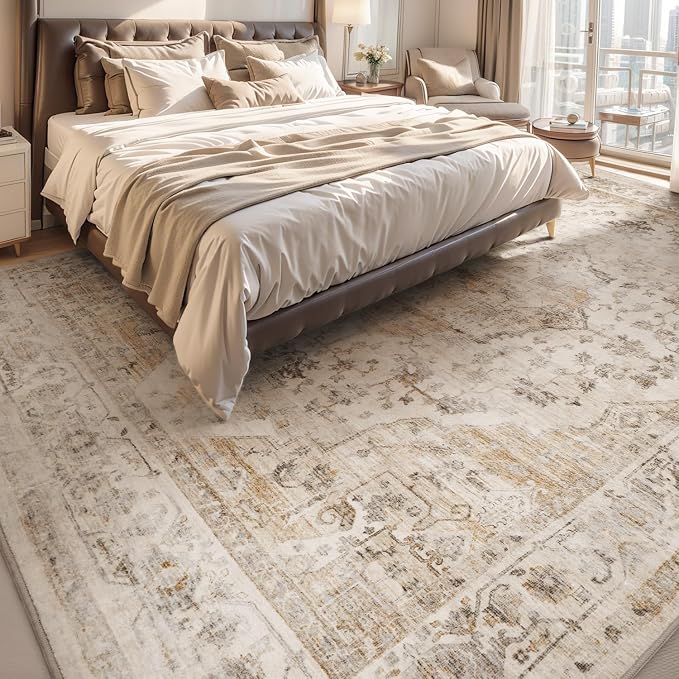AMOAMI-6FT Round Rug-Rugs for Living Room-Vintage Soft Beige Rugs for Bedroom-Non Slip Circle Rug-Machine Washable Rug for Dining Room Living Room Bedroom Office Under Table