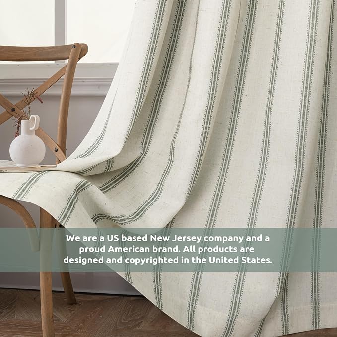 DriftAway Farmhouse Stripe Blackout Curtains, Grommet, W52xL90, Loden Green | Blackout, Linen Texture, Stripe Pattern, Rod Pocket & Back Tab, Two Layers, Bedroom Living Room Use, Sound Reducing Design
