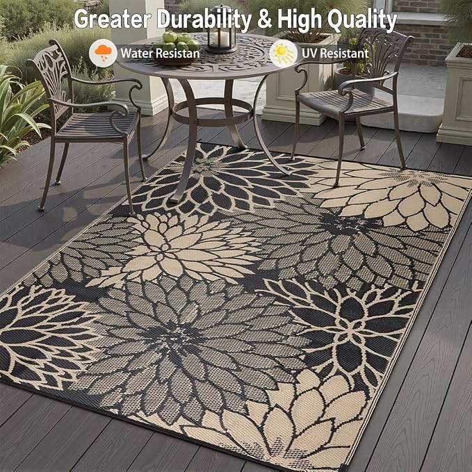 HUGEAR 8'x10' Outdoor Rug Waterproof Plastic Straw Rugs Large Brown Reversible Floral Mat Floor Carpet for Camping RV Deck Entryance Porch Picnic Balcony Beach Backyard