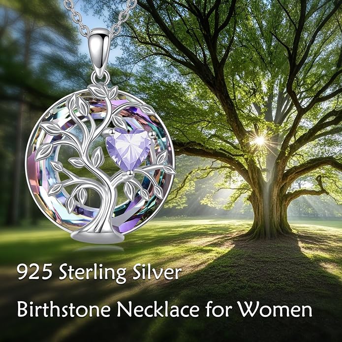 Tree Of Life Birthstone Necklace 925 Sterling Silver Crystal Family Tree Pendant Necklaces Heart Birthstone Jewelry For Women Female Anniversary Birthday Gifts