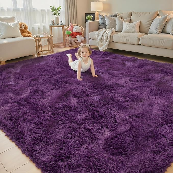Area Rugs 9x12 Living Room, Large Area Rug Shaggy Carpet Soft Plush Furry Bedside Rug, Machine Washable Area Rugs for Bedroom Home Decor Non-Slip(9 x 12, Grape Purple)