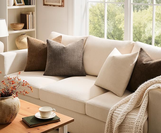Pack of 4 Throw Pillow Covers 18x18 Inch Chenille Textured Neutral Brown Soft Pillow Covers Solid Decorative Farmhouse Cushion Covers Home Boho Western Decor for Couch Sofa Bed Living Room