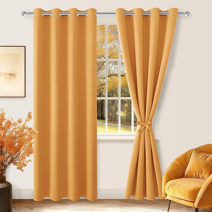 Hiasan Blackout Curtains for Bedroom, 52 x 84 Inches Long - Thermal Insulated & Light Blocking Window Curtains for Living Room, 2 Drape Panels Sewn with Tiebacks, Pumpkin Orange
