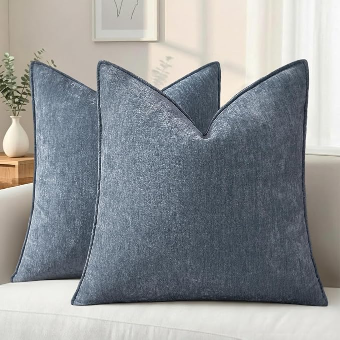 decorUhome Chenille Haze Blue Velvet Throw Pillow Covers 26x26 Set of 2 | Fall Soft Euro Sham Couch Decorative Modern Farmhouse Pillow Cases with Elegant Design for Sofa Bed Living Room Home Decor