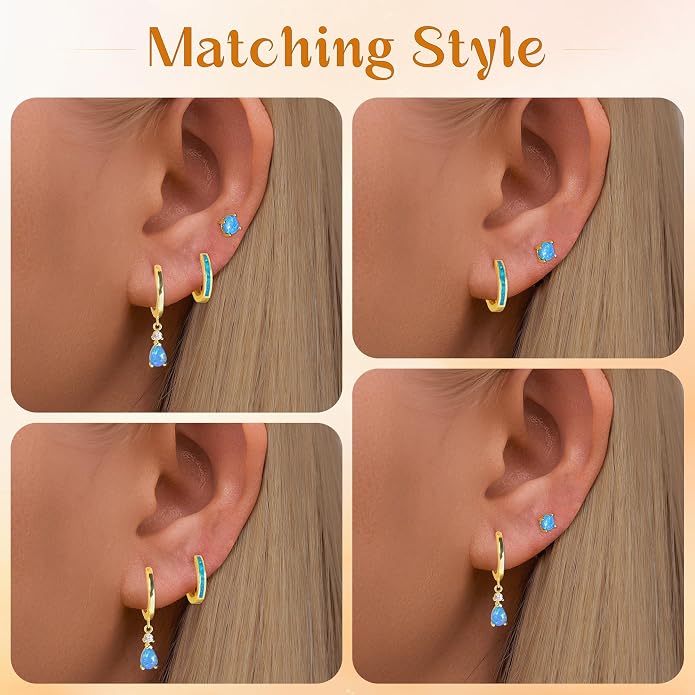 CiNily Opal Earrings Set for Women Hypoallergenic, Opal Stud Huggie Hoop Earrings Silver/Rose Gold Plated Dainty Hoop Huggie Silver Dangle Earring Stacks, Gold Jewelry
