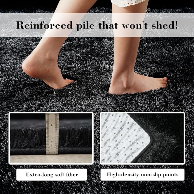 Fluffy Rug Shag Area Rug, Black 3x5 Area Rugs for Bedroom, Small Bedside Rug, Soft Fluffy Shag Entryway Throw Rugs for Living Room Bedroom Room Home Decor