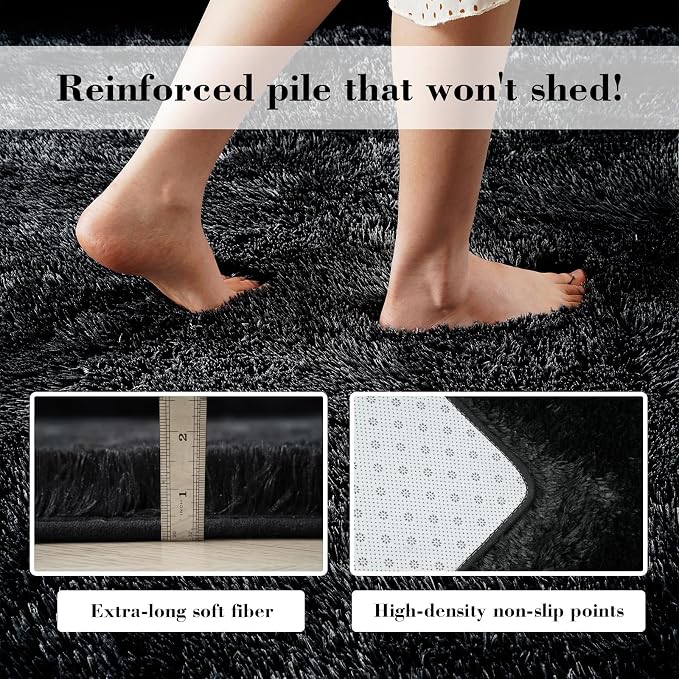 Soft Runner Rugs for Bedroom, Black 3x7 Area Rugs Fluffy Rug Shag Area Rug Carpet, Bedside Rug for Living Room Bedroom Room Home Decor