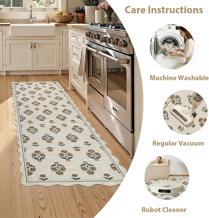 ORTIGIA Scalloped Easy Jute 2x6 Kitchen Runner Rug Vintage Yellow Block Floral Farmhouse Washable Rug Non-Slip Outdoor Carpet for Entryway Indoor Hallway Patio Laundry Room
