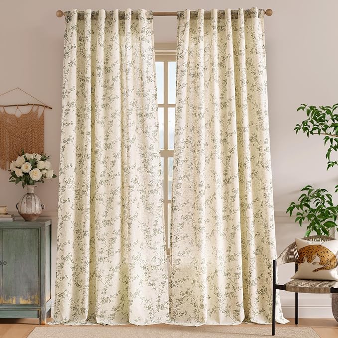 Lazzzy Farmhouse Linen Curtains Extra Long Green Floral Curtains 108 Inch Length Back Tab Drapes for Living Room Bedroom Light Filtering Country Vintage Rod Pocket, 2 Panels, Green on Beige