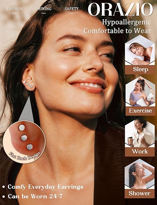 ORAZIO 16G/18G/20G Flat Back Earrings for Women Threadless 316L Surgical Steel Stud Hoop Earrings Push in Nose Studs Hypoallergenic Cartilage Earring Stacks Labret Helix Tragus Conch Piercing Jewelry