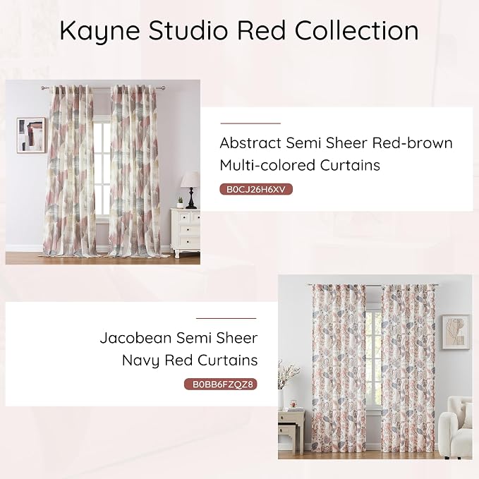 Kayne Studio Botanical Semi Sheer Jacobean Curtains,Navy Red Floral Farmhouse Linen Curtain Drapes,Light Filtering Farmhouse Curtains for Living Room and Bedroom, Rod Pocket Back Tab,52"x95",2 Panels