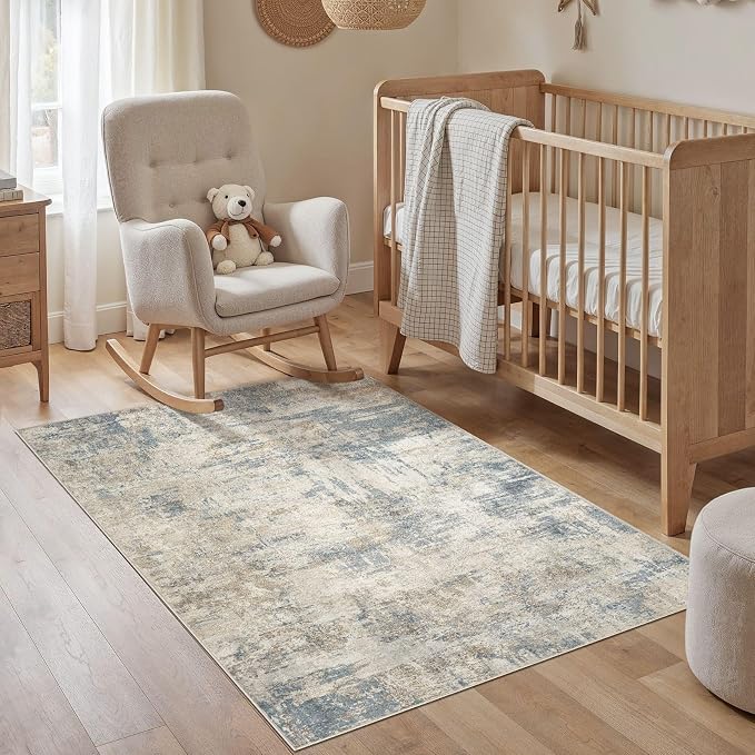 cotiled 3x5 Washable Rug Abstract Soft Non Slip Entryway Rugs | Stain Resistant, Robot Vacuum & Pet Friendly, Low-pile, For Living Room, Bedroom, Dining Table, Nursery Light Blue
