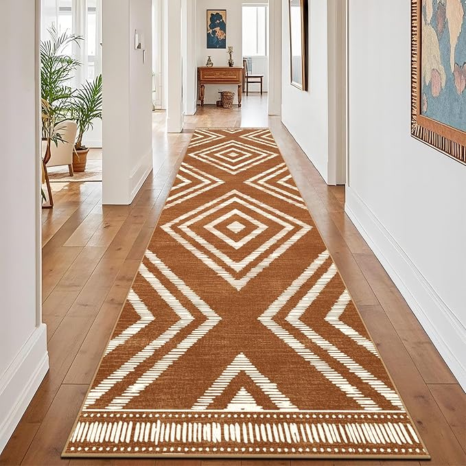 Boho Runner Rugs for Hallway 2.6x12ft Non Slip, Long Brown Washable Farmhouse Kitchen Rug Runners Non Shedding, Moroccan Floor Carpets for Doorway Entryway Living Room Home Decor