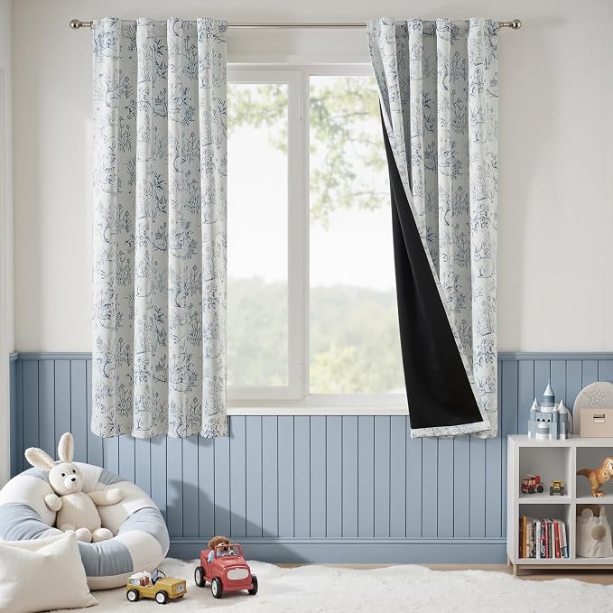 jinchan Blue Blackout Curtains W38xL63 Whimsical Back Tab 2 Panels | Room darkening,nursery kids bedroom,privacy,whimsical,cottagecore,bunny pattern,botanical,nature-inspired decor