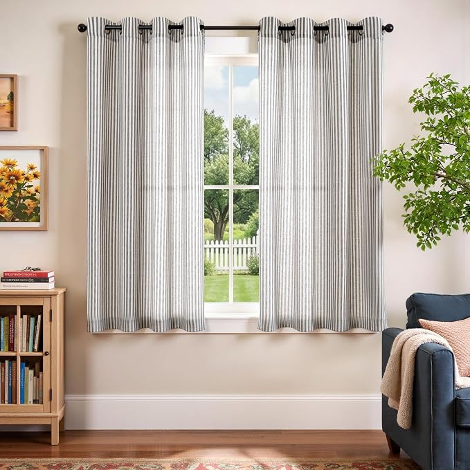 Vangao Linen Striped Curtains for Living Room Bedroom Farmhouse Tickingstripe Light Filtering Window Curtains Printed Drapes Grommet Top 2 Panels Charcoal Grey W50 x L63 Inch