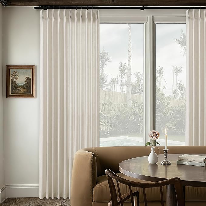 72 x 96 Inch Pinch Pleated Linen Curtains Greyish Beige Semi Sheer | Pleat Drapes, for Sliding Door Dining Bedroom Living Room Window, Curtains 96 Inch Length, 8Ft, 72x96, with Hooks Rings