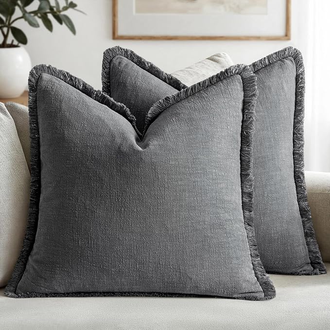 MIULEE Decorative Throw Pillow Covers Neutral Linen Fringe Throw Pillows Set of 2 Grey Boho Farmhouse Cushion Covers with Tassels for Couch Sofa Bed Living Room Spring Decor 20x20 Inch