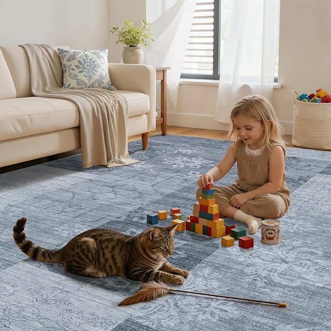 UERMEI 10x12 Area Rug for Living Room - Washable Vintage Carpet, Non-Slip Soft Large Indoor Floor Rugs for Bedroom Home Office & Under Dining Table Decor, Blue Block