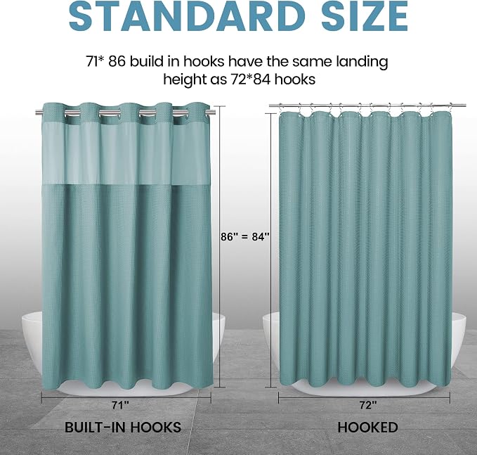 EUTXL Heavyweight Teal Long No Hook Shower Curtain with Snap in Liner,256GSM Waffle Weave Shower Curtains for Bathroom,71W x 86H
