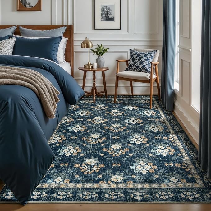Lessymo Dining Room Rugs for Under Table, 6x9 Washable Area Rug for Living Room, Low Pile Non-Slip Floor Carpet for Bedroom, Stain Resistance Vintage Floral Design Décor, Navy/Beige