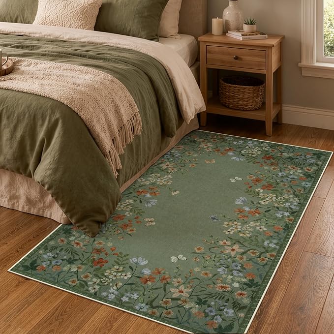 Wonnitar 4x6 Washable Area Rug, Green Floral Rug for Living Room, Boho Rug for Bedroom, Non Slip Ultra Thin Entryway Carpet, Farmhouse Kitchen Home Office Decor (4x6 Green)