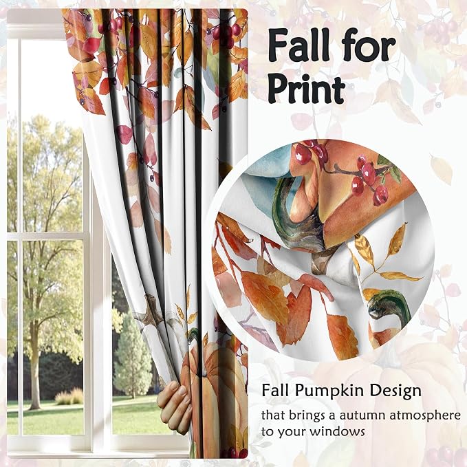 Pumpkin Window Curtains 52 x 63 Inches, Watercolor Fall Leaves Drapes with Blue White Orange Pumpkins, Autumn Farmhouse Curtains for Bedroom Living Room