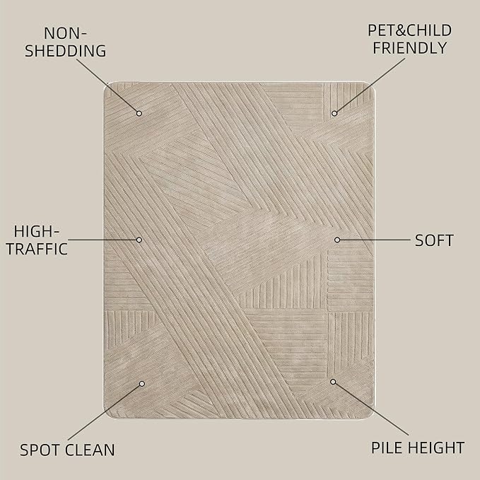 8x10 Solid Color Area Rugs, Brown Modern Geometric Rug, Living Room Rug, Durable Non-Slip Soft High-Low Pile, Fluffy Floor Rugs for Bedroom, Kids Room, Nursery, Home Décor, Light Brown